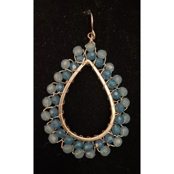 Aqua Blue Wire Beaded Boho Teardrop Dangle Pierced Wire Earrings - Picture 4 of 5